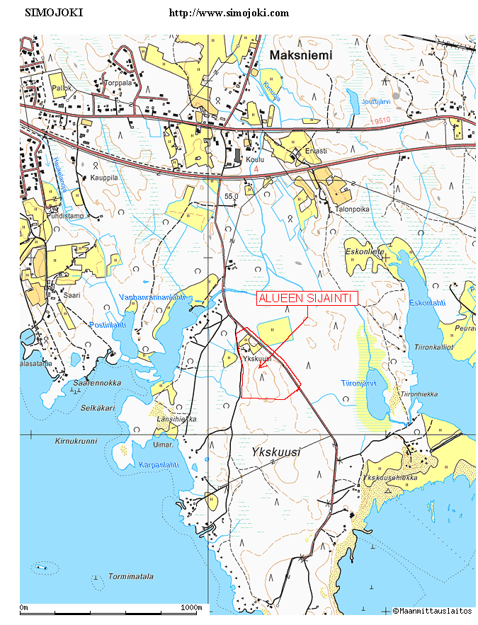 Muutettava kaava-alue sijaitsee Maksniemen kylän
