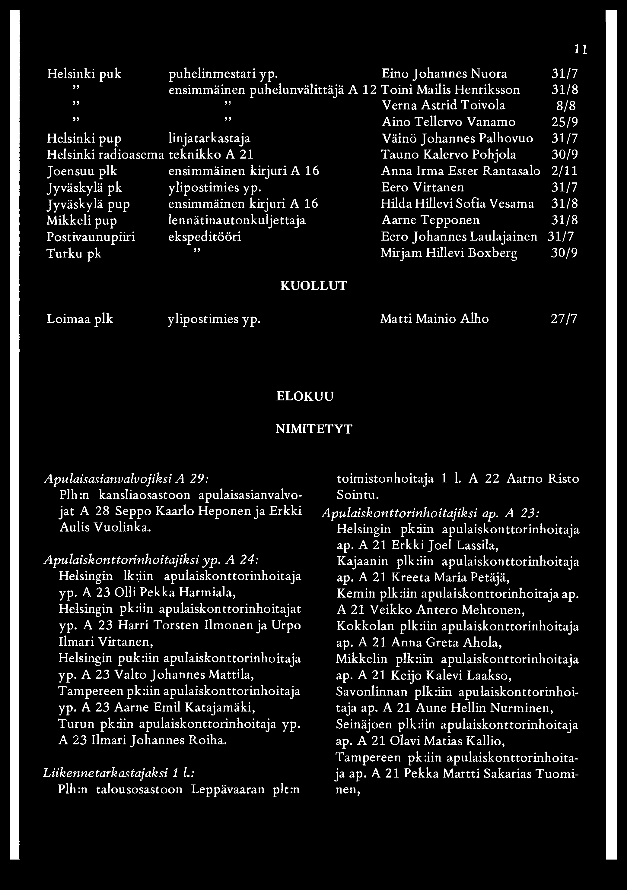 Palhovuo 31/7 Helsinki radioasema teknikko A 21 Tauno Kalervo Pohjola 30/9 Joensuu plk ensimmäinen kirjuri A 16 Anna Irma Ester Rantasalo 2/11 Jyväskylä pk ylipostimies yp.