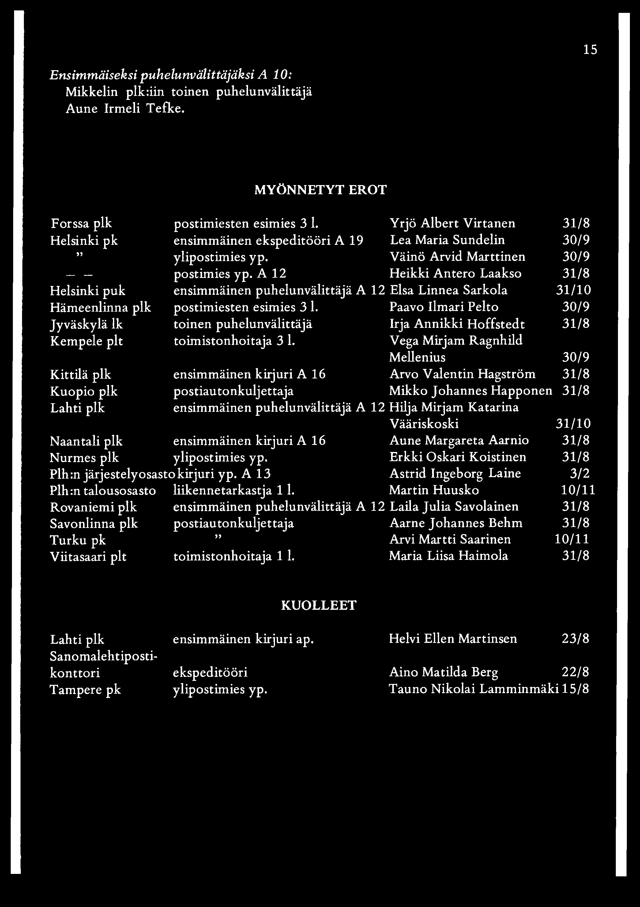 A 12 Heikki Antero Laakso 31/8 Helsinki puk ensimmäinen puhelunvälittäjä A 12 Elsa Linnea Sarkola 31/10 Hämeenlinna plk postimiesten esimies 3 1.