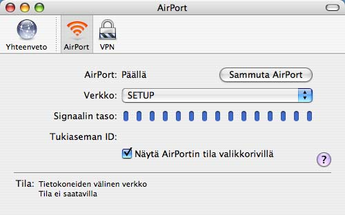 tulevat näkyviin. Brotherin langaton tulostuspalvelin näkyy Verkko-valikon vaihtoehtona. Valitse SETUP.