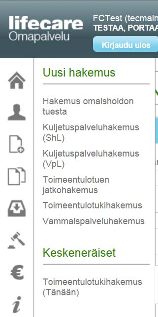 Omapalvelu / Hakemukset/ Keskeneräiset hakemukset Keskeneräiset hakemukset (hakemukset, jotka on välitallennettu käytön yhteydessä aiemmin) näytetään Uusi