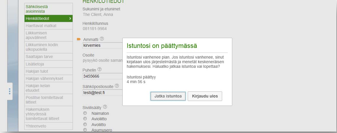 Omapalvelu / Istunnon päättyminen Omapalvelussa avautuu dialogi varoittamaan istunnon automaattisesta päättymisestä