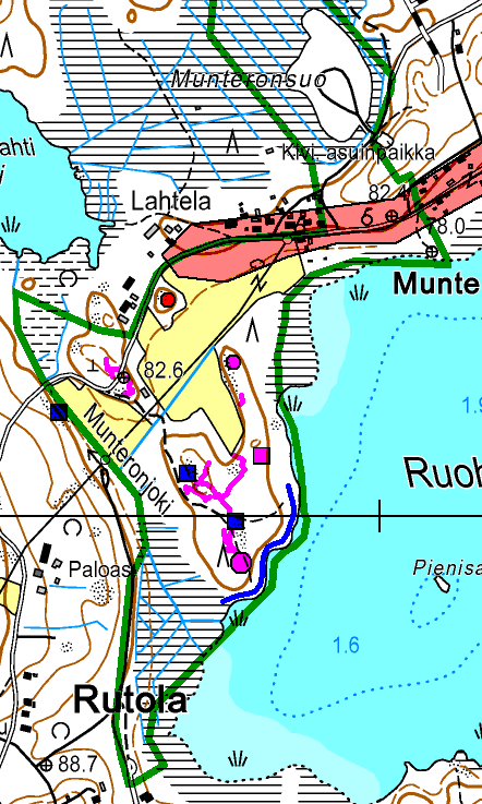 4 Yleiskartta Tst-hauta sinipunaisella, panssariestekivikko sinisellä, louhokset sininen neliö, Bunkkeri ja kuoppa sinipunainen pallo ja keskeneräinen korsu tms.