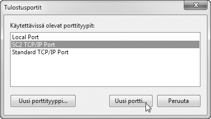 PORTIN VAIHTAMINEN 4 Valitse [SC2 TCP/IP Port] ja napsauta [Uusi portti]-painiketta. 5 Luo uusi portti. "SC2 TCP/IP Port" lisätään, kun tulostinohjain asennetaan käyttämällä "Muokattu asennus.