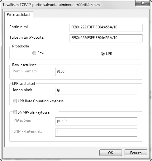 Kun käytetään porttia, joka on luotu "Standard TCP/IP Port" -toiminnolla Kun käytetään porttia, joka on luotu "Standard TCP/IP Port"