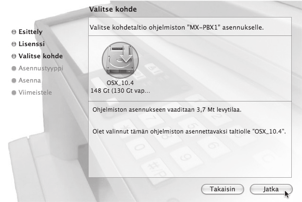 MAC OS X 7 8 Näytölle tulee nyt lisenssisopimus. Varmista, että ymmärrät lisenssisopimuksen sisällön ja napsauta [Jatka]-painiketta. Näytöllä näkyy kysymys, hyväksytkö lisenssisopimuksen ehdot.