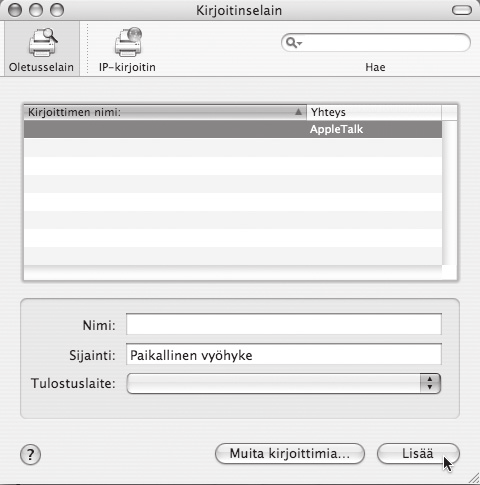 MAC OS X 14 Konfiguroi tulostinohjain. Laite voi tulostaa IPP-toiminnon avulla.