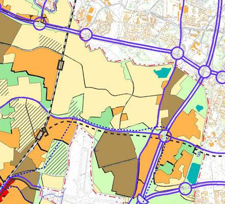 Ote Helsingin Yleiskaava 2002:sta. Pientalovaltainen asuminen on merkitty vaaleankeltaisella, kerrostalovaltainen asuminen tummankeltaisella sekä työpaikka-alue ja teollisuusalue ruskealla.