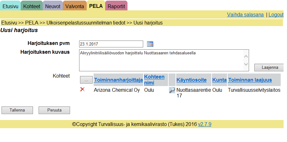 Täytä harjoitusta koskevat tiedot eli päivämäärä ja kuvaus