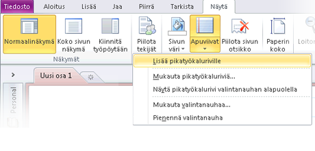 Voit ottaa pikavalikossa olevan komennon käyttöön tai poistaa sen käytöstä napsauttamalla pikatyökalurivin vieressä olevaa avattavan luettelon nuolta.