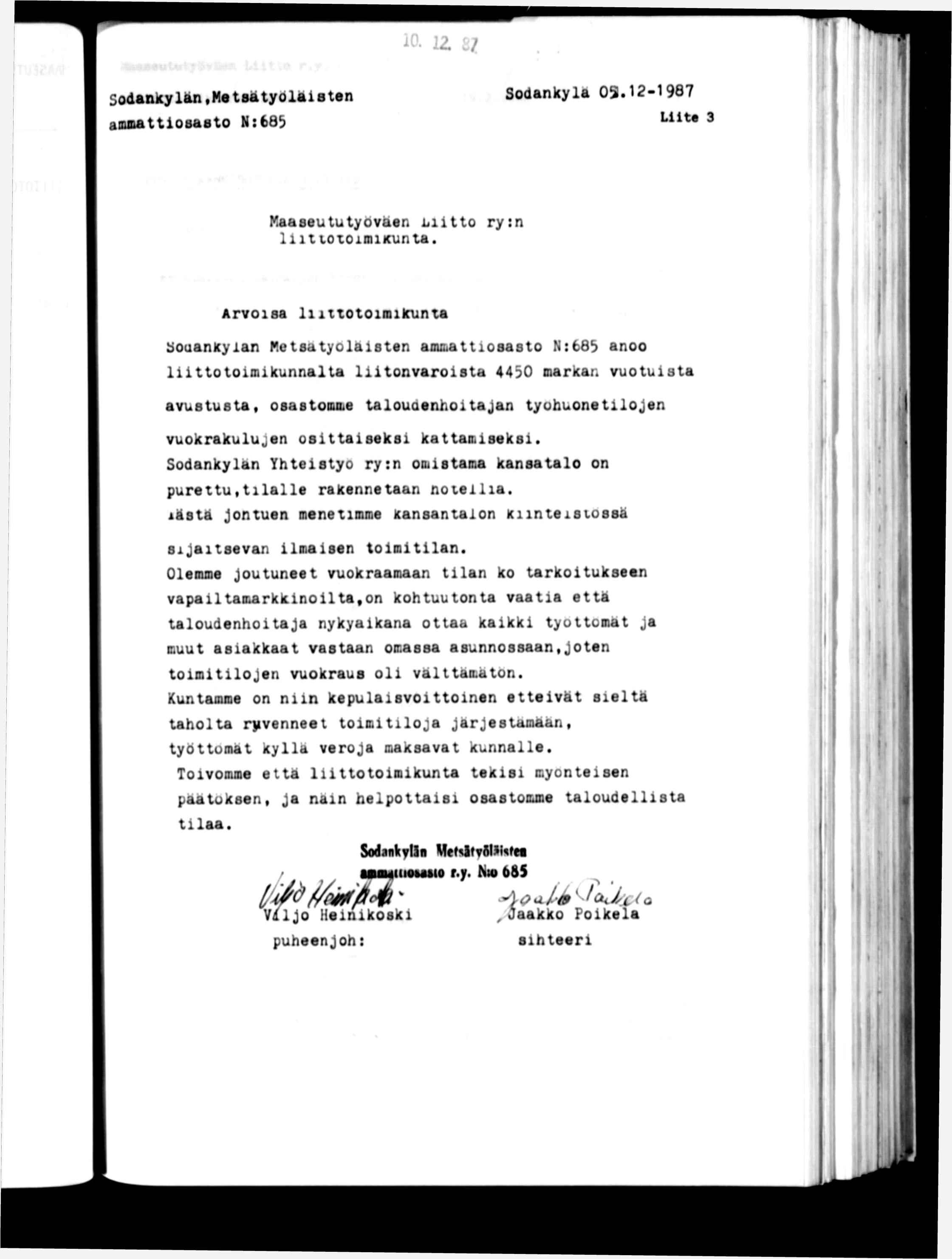 Sodanky än, Me t sa ty ö la 1 B te n aou&attosasto N:683 ^ ^ / Sodankyla 03.12-1987 Llu 3 } Maaseututyöväen Ltto ry:n llt lotookunta.