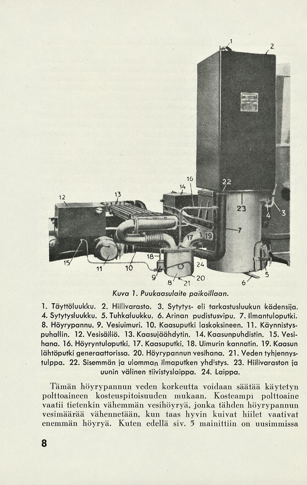 Kuva 7. Puukaasulaite paikoillaan. 1. Täyttöluukku. 2. Hiilivarasto. 3. Sytytys- eli tarkastusluukun ikädensija. 4. Sytytysluufcku. 5. Tuhka!luuM<u. 6. Arinan pudistusvipu. 7. Ilmantuloputki. 8.