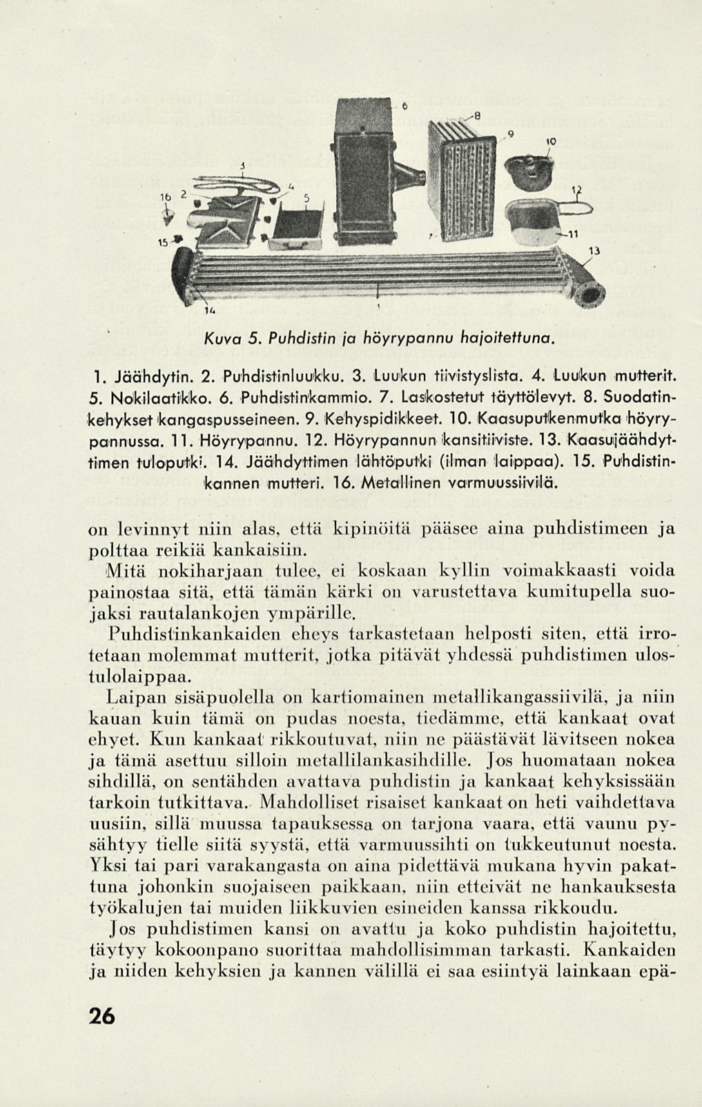 Kuva 5. Puhdisiin ja höyrypannu hajoitettuna. 1. Jäähdytin. 2. Puhdistinluuikku. 3. Luukun tiivistyslista. 4. Luuikun mutterit. 5. Nokilaatikiko. 6. Puhdistinkammio. 7. Laskostetut täyttölevyt. 8.