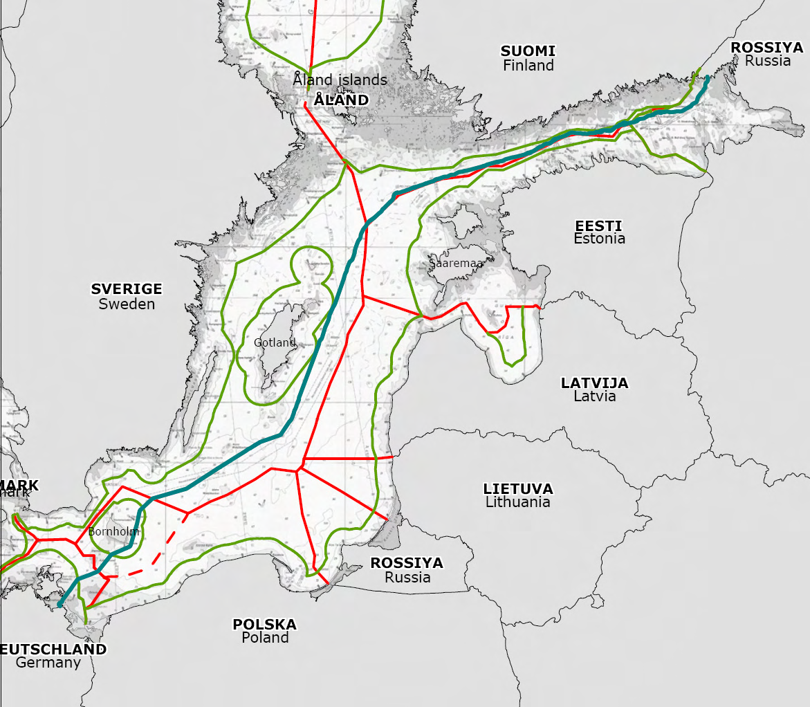 6 Kuva 1.1 Putkilinjan suunniteltu reitti Itämeren halki (tummanvihreä viiva).