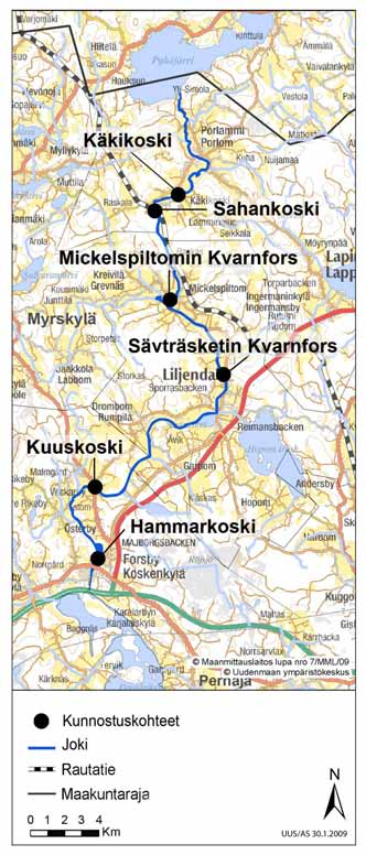 Kartta 1. Koskenkylänjoen kunnostuskohteet vuosina 2006 2008. Kuuskosken kalatie ja sivu uoman kunnostus toteutettiin vuonna 2008. Muut kunnostuskohteet kunnostettiin vuosina 2006 2007. 2.1.1 Sävträsketin Kvarnforsin kunnostus Sävträsketin Kvarnforsin kunnostustyöt alkoivat keskiviikkona 25.