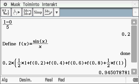 Lasketaan Pääsovelluksessa jakovälin pituus ja määritellään funktio f(x). Soveltamalla puolisuunnikassääntöä saadaan integraalin likiarvoksi 0,945.