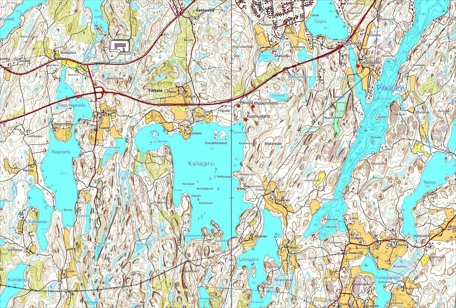 5. Inventointialueen kartat kohteineen 9 Kartta 1. Inventointialueen pohjoisosaa välillä Tikkala-Orijärvi.