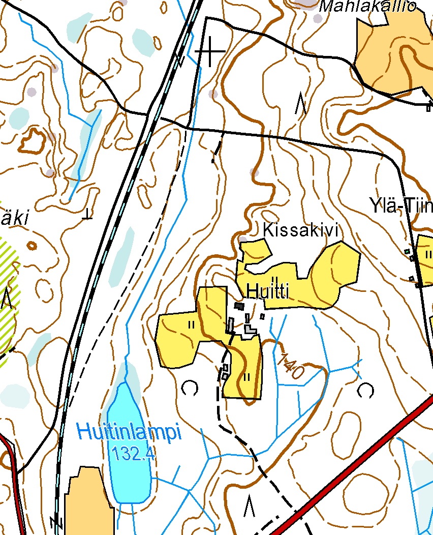 Kartta 1, sivu 44 Kiinteät muinaisjäännökset (punaiset pisteet ja rasteri): Eskonmäki, 1000021100 Kissakivi 1, 1000021102 Kissakivi 2, 1000021103 Mahlakallio, 1000021104 Ylä-Tiimola, 1000021105 Muut