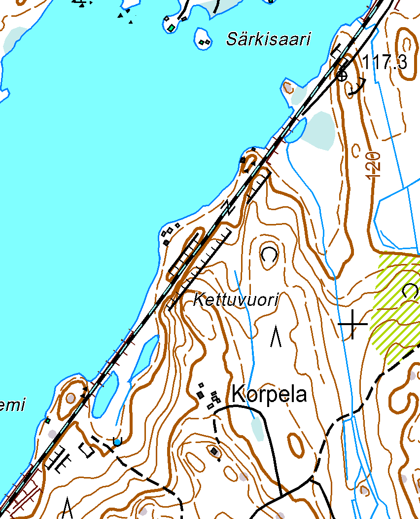 Kartta 2, sivu 45 Kiinteät muinaisjäännökset (punaiset pisteet ja rasteri): Kettuvuori, 1000021106, jonka alakohderöykkiöt on merkitty keltaisilla risteillä Mahdolliset muinaisjäännökset (vihreä)