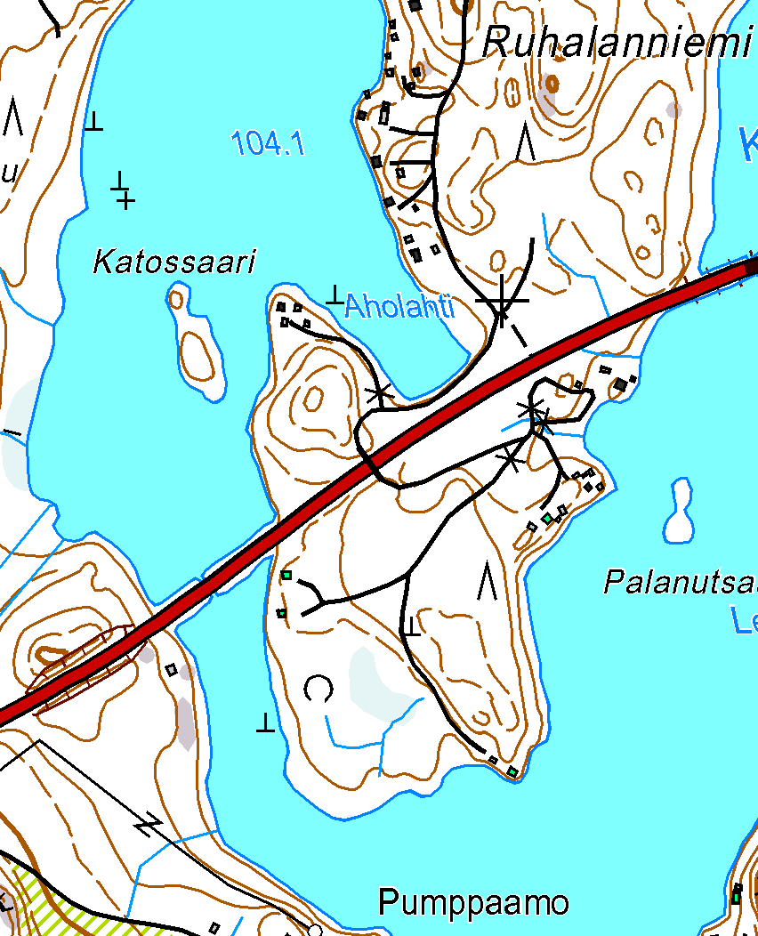 Kartta 5, sivu 48 Kiinteät muinaisjäännökset (punainen) Ruhalanniemi, 1000021117 alakohderöykkiö merkitty keltaisella pallolla 500500