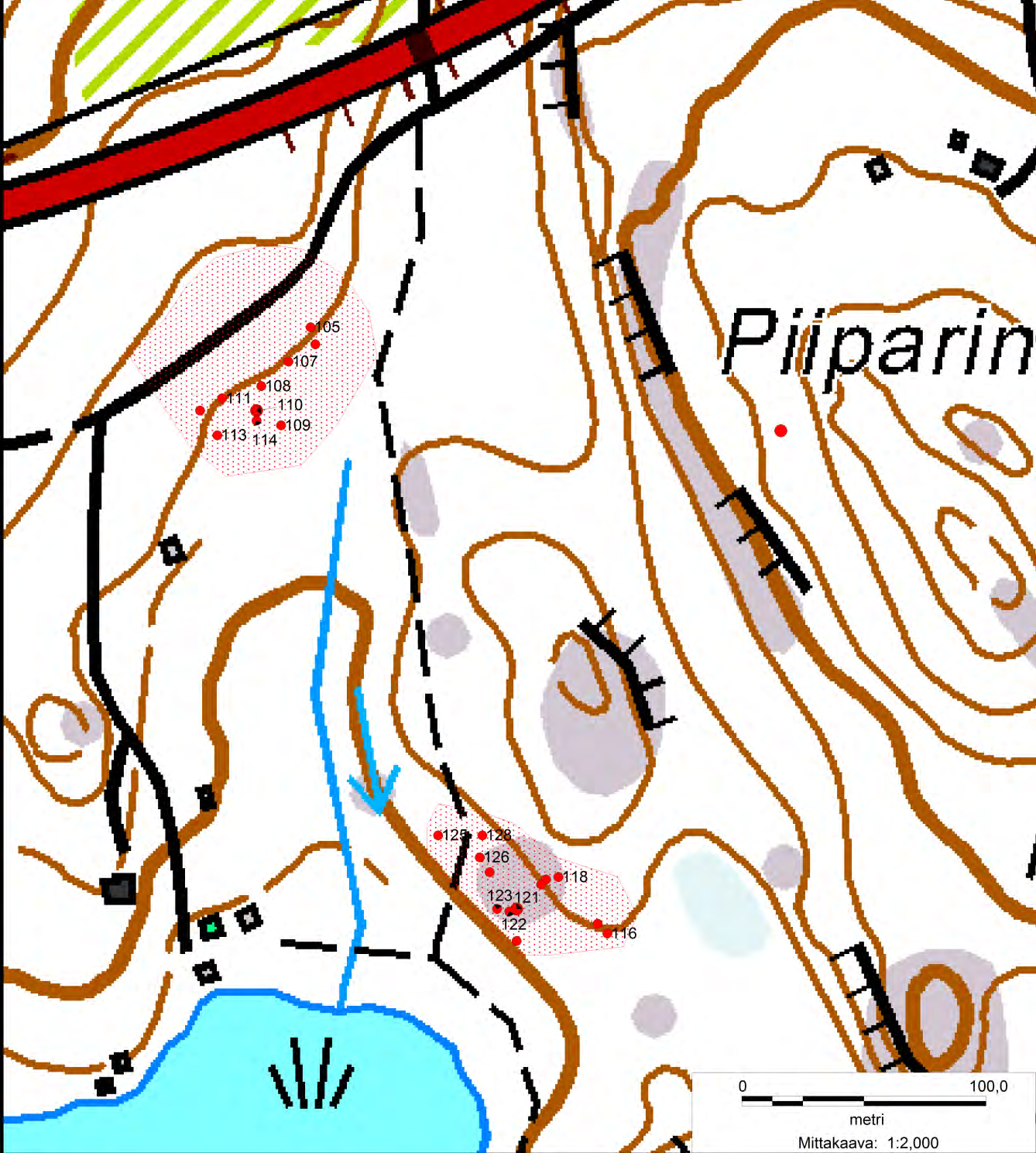 LIITE 2, kartta 3, Päivölän ja Kuomuslahden röykkiöiden sijainti Päivölän