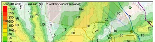 151 Kuva 8-10. Tilanne 6A, VAA3: Vaaralammen ja Tuumasuon louhokset ja läjitykset. Kokonaisleijuma (TSP) korkein tuntiarvo.
