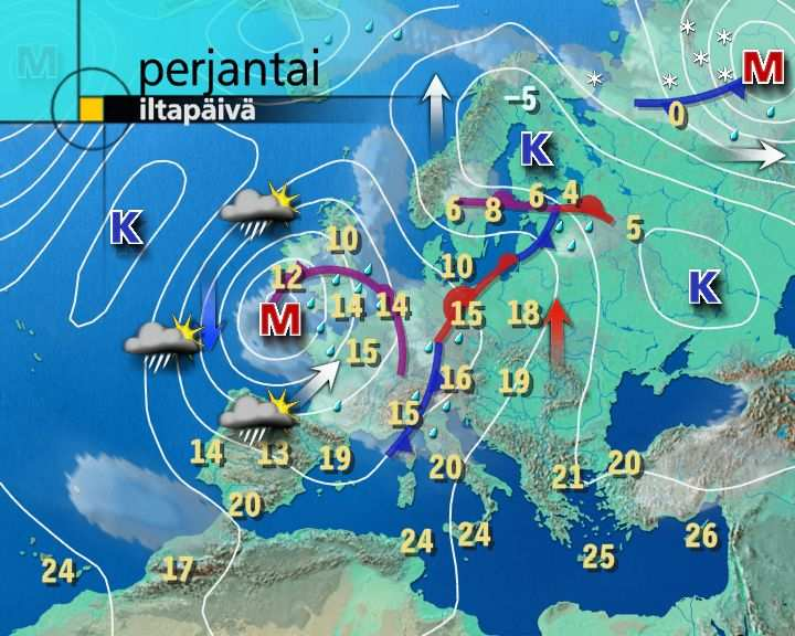 LUKU 5. EI-INERTIAALISET KOORDINAATISTOT 91 5.3.1 Coriolis-voima Pöriminen tuo mukanaan Coriolis-voiman 2m ω v, missä v = ṙ on tarkasteltavan massan nopeus pörivässä koorinaatistossa. Kuva 5.2. Sääkartta.