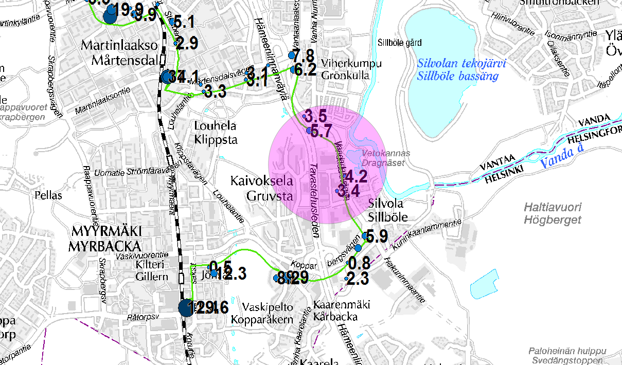 9 Silvola (linjojen 44 ja 45 nousumäärät) Työssä on tarkemmin tarkasteltu Silvolan alueen Vantaan sisäisten bussilinjojen nousumääriä, jotka ovat muuhun alueeseen nähden pieniä.