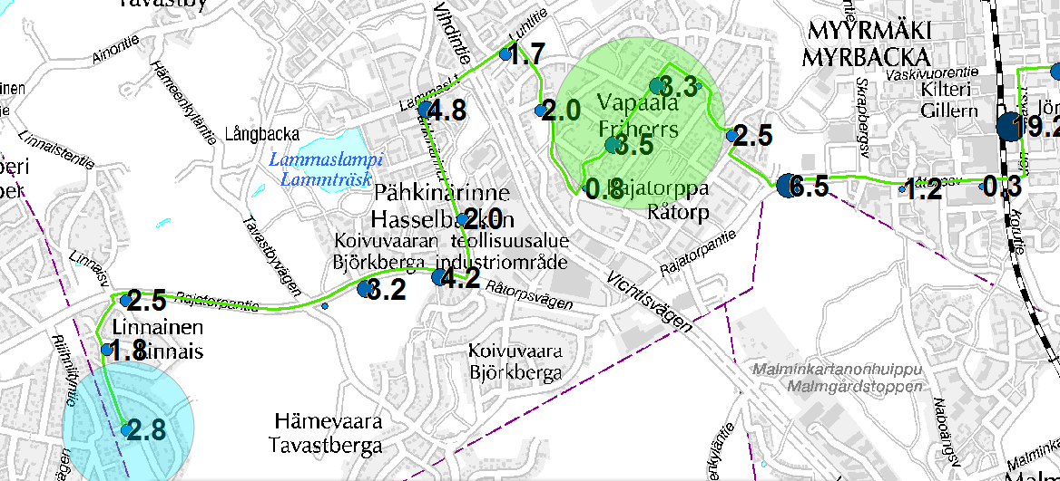 10 Linnainen Myös Linnaisten alueen ja linjan 30 nousumäärät ovat muuhun alueeseen nähden pieniä. Seuraavassa kuvassa esitetään lauantain ja sunnuntain keskimääräiset linjan 30 nousumäärät pysäkeiltä.