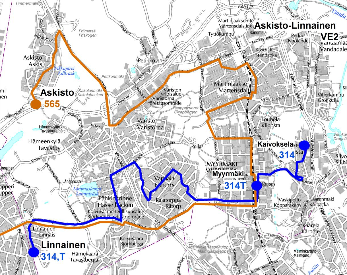 37 Vaihtoehto 2: Linja 314 nykyisellä reitillä, taksilinja 314T Linnaisiin ja linja 565 jatketaan Askistoon Vaihtoehdossa 2 linjan 314 (nyk. 30) reitti pysyy nykyisenä.