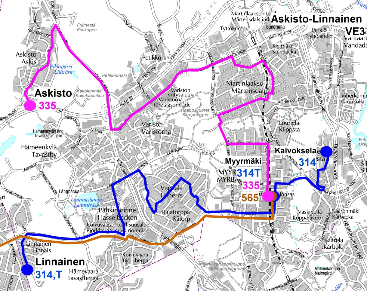 39 Vaihtoehto 3: Linja 314 nykyisellä reitillä, taksilinja 314T Linnaisiin, linja 335 Askistoon ja linja 565 Myyrmäkeen Vaihtoehto 3 perustuu pääosin vaihtoehdon 2 linjastoon, mutta siinä edellä