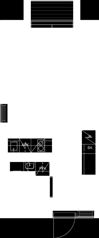 Yksiö 1h+kk, päätyasnto, kehysparveke, keittiö vasemmalla 1.