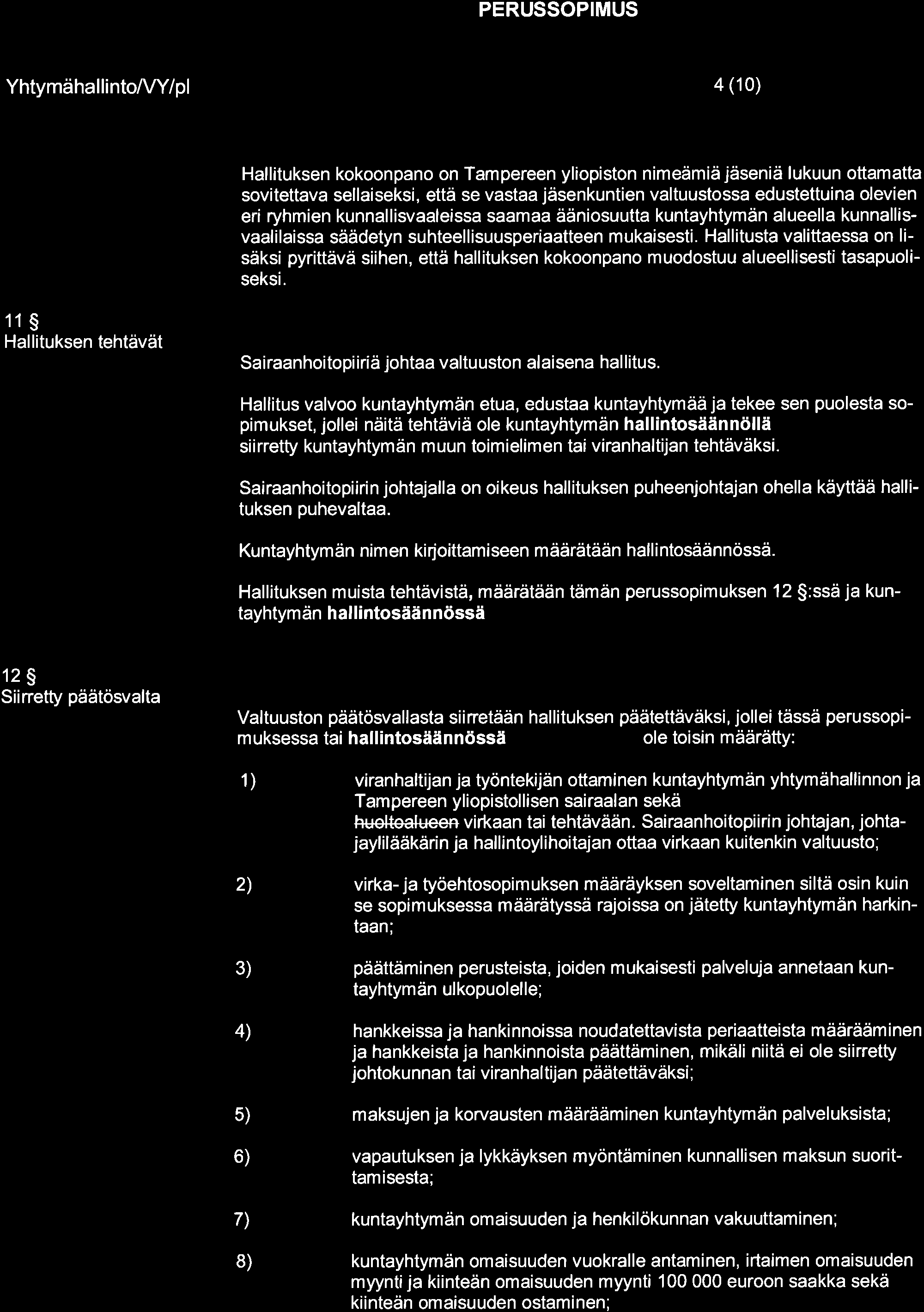 Hallitusta valittaessa on lisäksi pyrittävä siihen, että hallituksen kokoonpano muodostuu alueellisestitasapuoliseksi. 11S Hallituksen tehtävät Sairaanhoitopiiríä johtaa valtuuston alaisena hallitus.