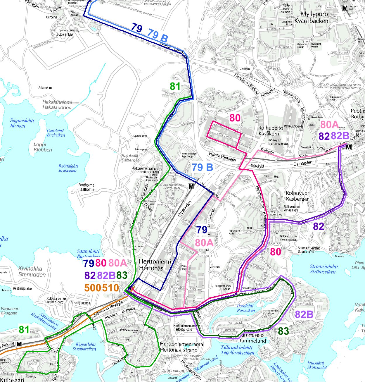 Vaihtoehto 0+ Runkolinjaa 510 jatkettu Pasilasta Herttoniemeen 79 reittiä oikaistu Herttoniemen yritysalueella ja 80A täydentää poistuvalla osuudella Muu linjasto aiempien suunnitelmien mukainen