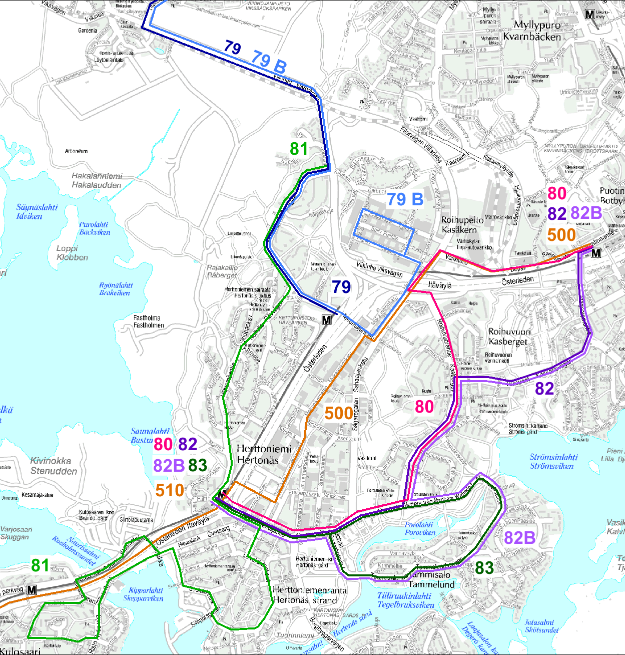 Vaihtoehto 1 Runkolinjaa 510 jatkettu Pasilasta Herttoniemeen ja 500 Itäkeskukseen 79 reitti lyhennetty Siilitielle, ja 79B jatkuu Roihupeltoon 80 käännetty Itäkeskukseen 80, 82 ja 83 vuorovälit