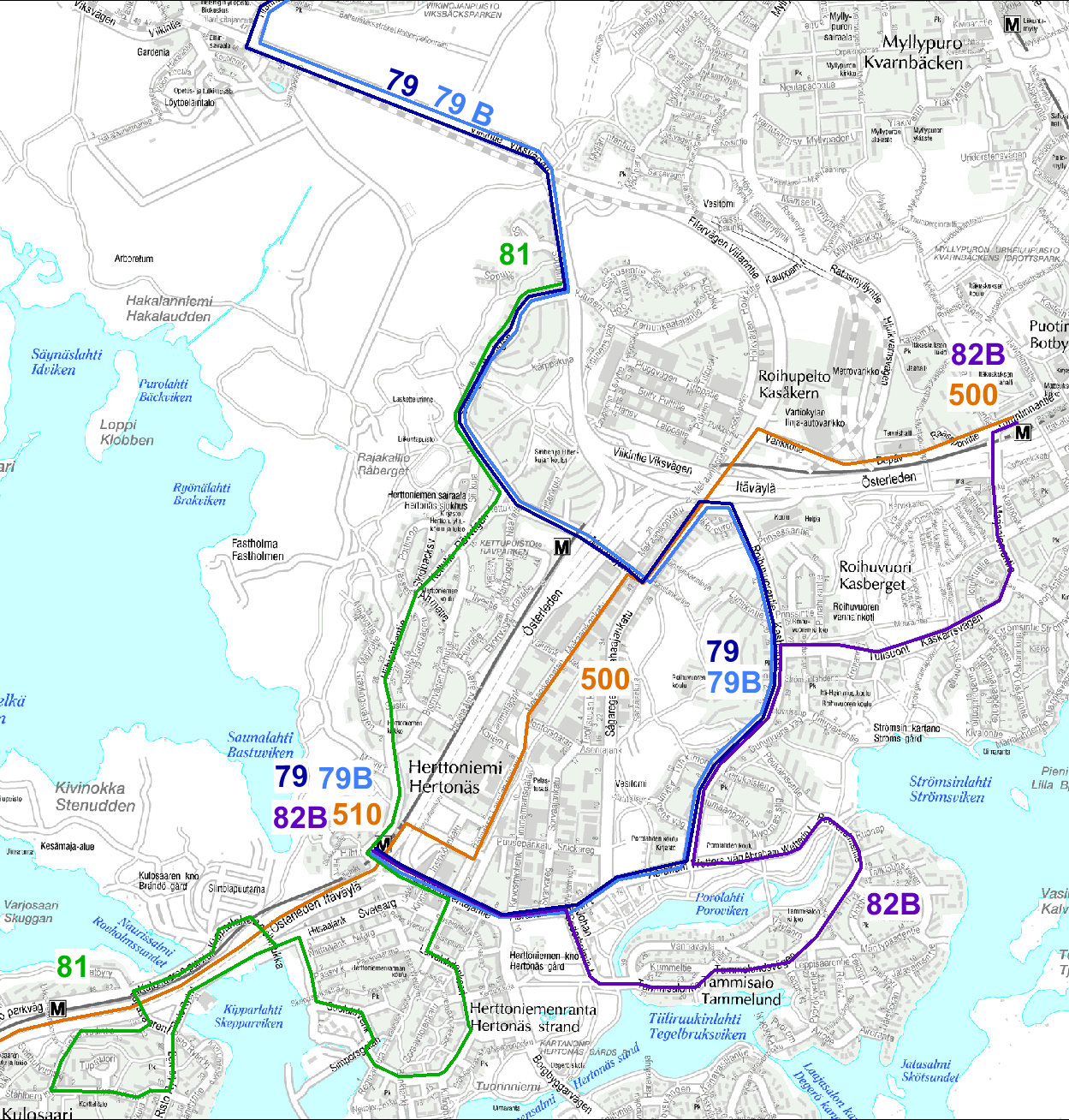 Vaihtoehto 2 Runkolinjaa 510 jatkettu Pasilasta Herttoniemeen ja 500 Itäkeskukseen 79 ja 79B reitit Roihuvuoren kautta Herttoniemeen 82B