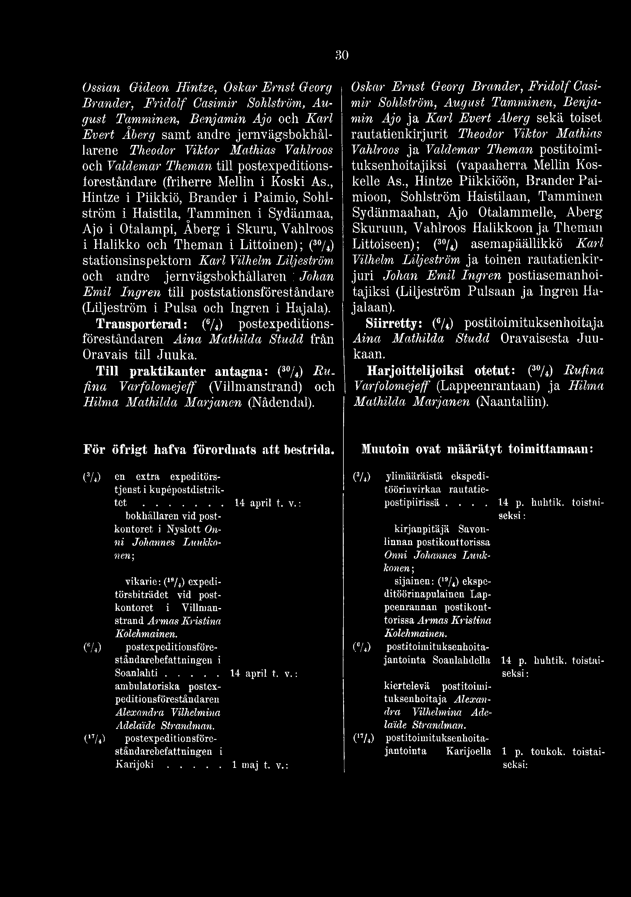 Transporterad: (6/4) postexpeditionsföreständaren A in a M a th ild a S tu d d från Oravais tili Juuka. Till praktikanter antagna: (3%) B u.