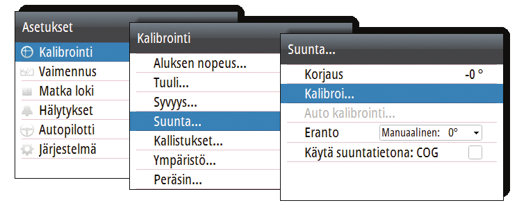 Kalibrointi Hyvin suoritettu kalibrointi kompensoi veneen aiheuttamat poikkeamat (paikallinen kenttä) ja varmistaa parhaan mahdollisen tarkkuuden sovittamalla anturit maapallon