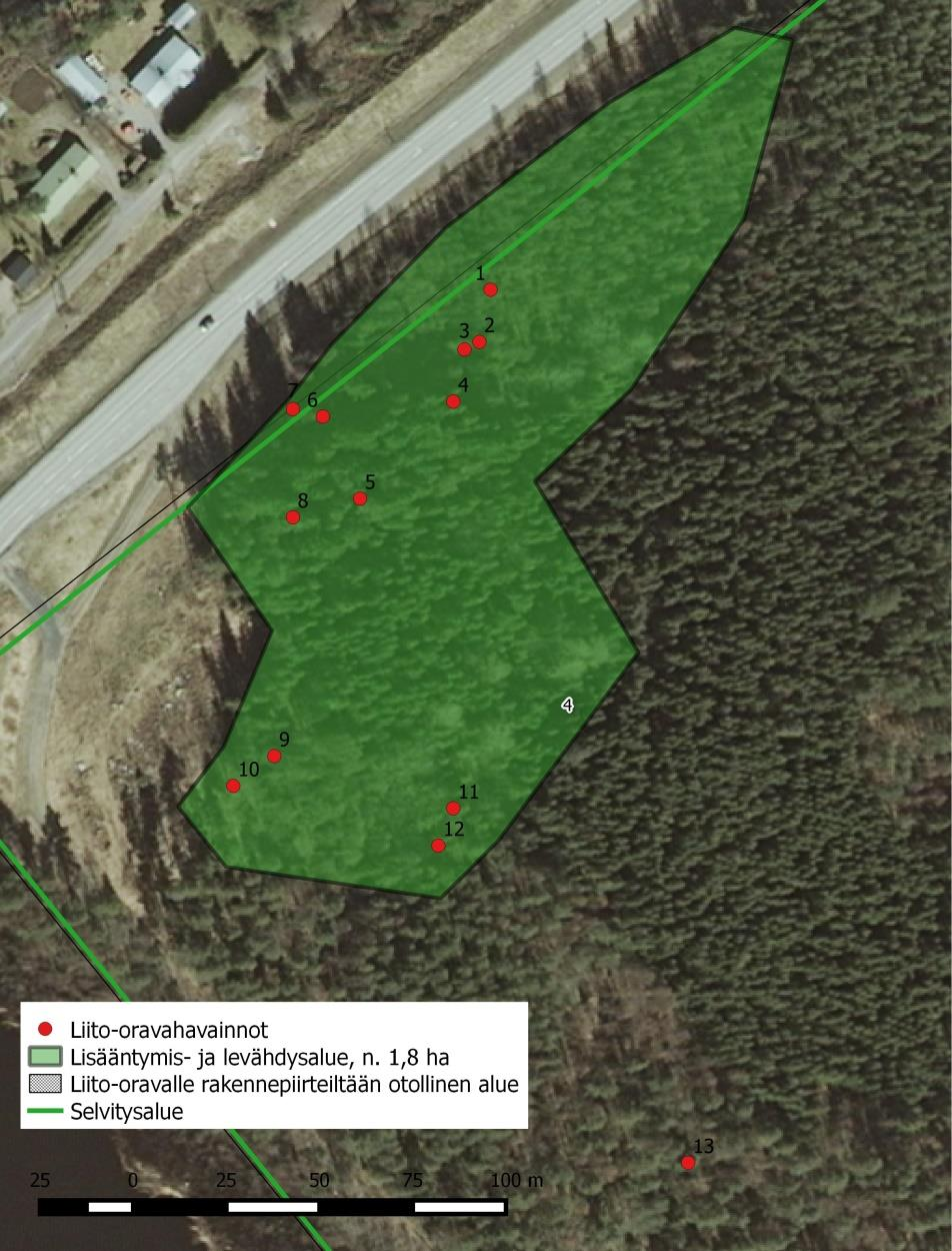 Ilmakuva 2. Liito-oravahavaintojen sijainti ja rajaus Taulukko 2.