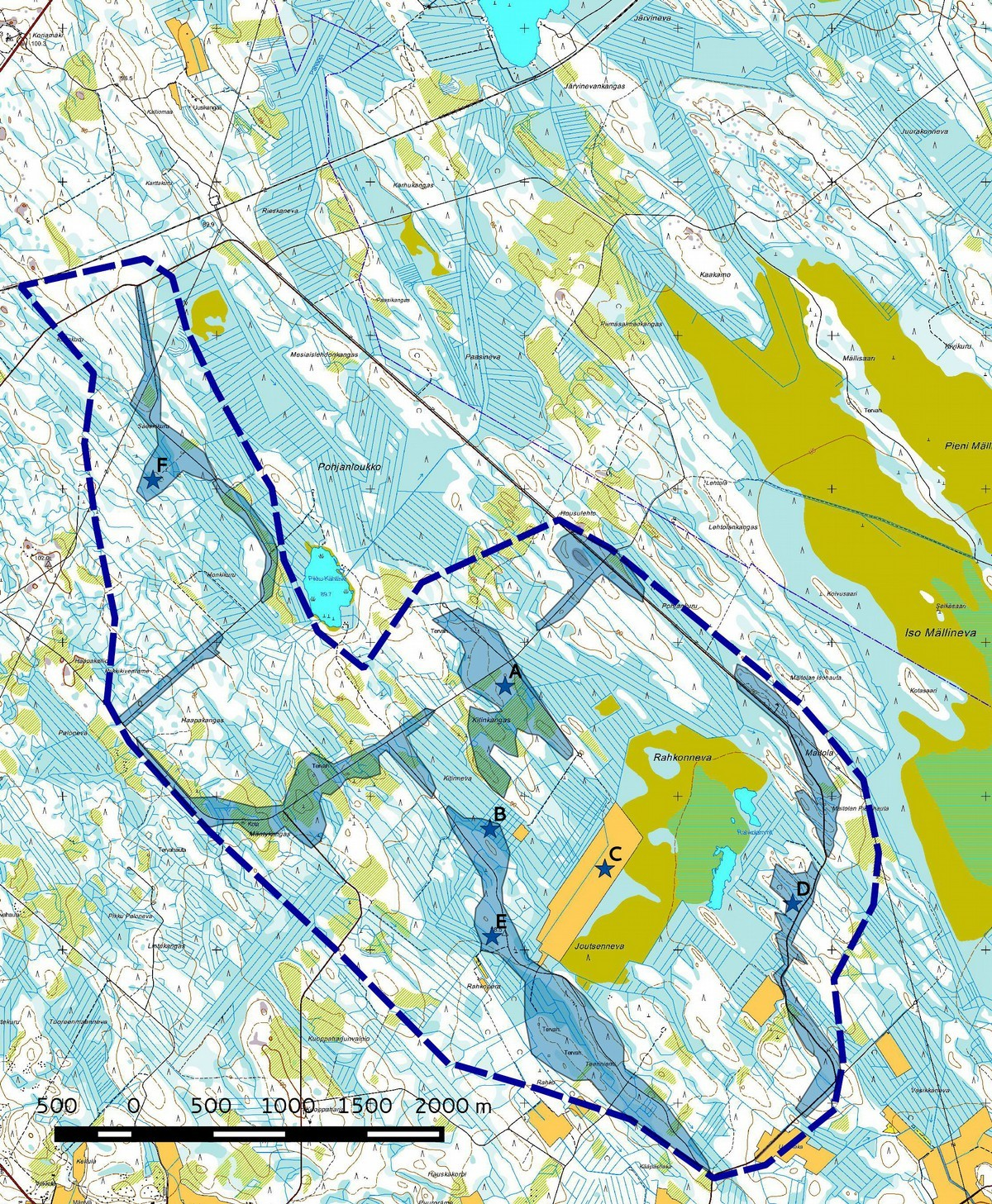 4 Kartta 2. Inventointialueen rajaus sinisenä katkoviivana ja inventoidut alueet vaaleansinisenä. Voimalapaikat A F sinisenä tähtenä ;mk n. 1:20 000.