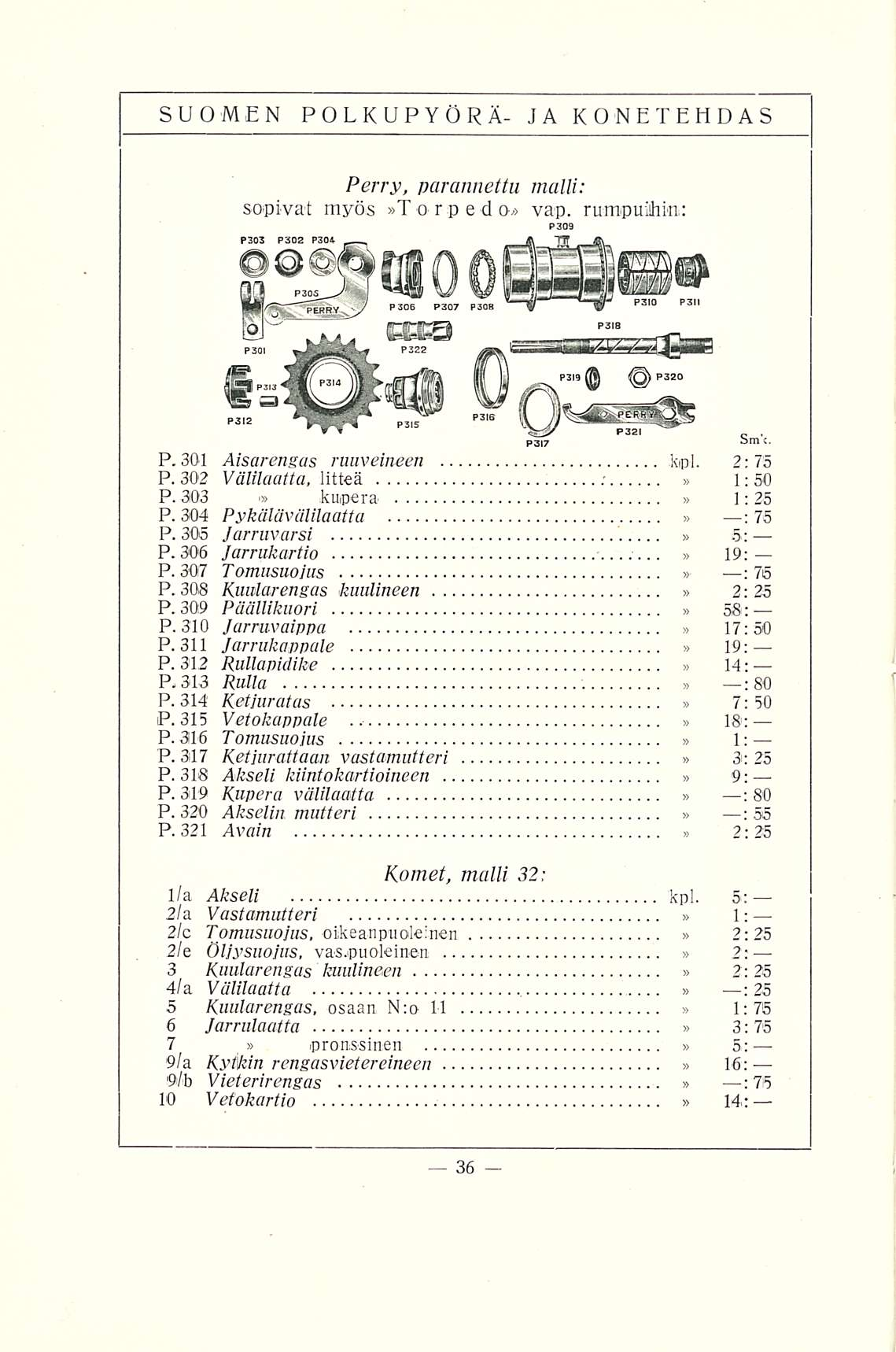 SUOMEN POLKUPYÖRÄ- JA KONETEHDAS Perry, parannettu malli: sopivat myös To rped o* vap. rumpuihin: P. 301 Aisarengas ruuveilleen kpl. 2: 75 P. 302 Välilaatta, litteä 1:50 P. 303 i kupera 1:25 P.