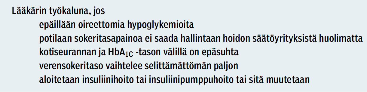 Jatkuvatoimisen glukoosiseurantalaitteen käyttöaiheita