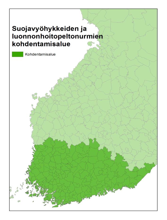 Kolmessa lohkokohtaisessa toimessa maantieteelliset kohdentamisalueet (ympäristönhoitonurmet, valumavesien hallinta ja peltojen talviaikainen kasvipeitteisyys) Lisäksi toimissa, jotka kohdistuvat