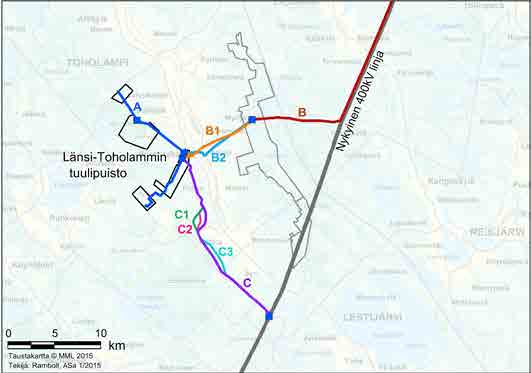 koontiasemalle Lestijärvelle (kuva 2): 1) Uusnivala: Länsi-Toholammin tuulipuiston osa-alueen E vaihtoehtoisilta sähköasemilta rakennettaisiin joko 110 kv ilmajohto (B1) tai maakaapelointi (B2)