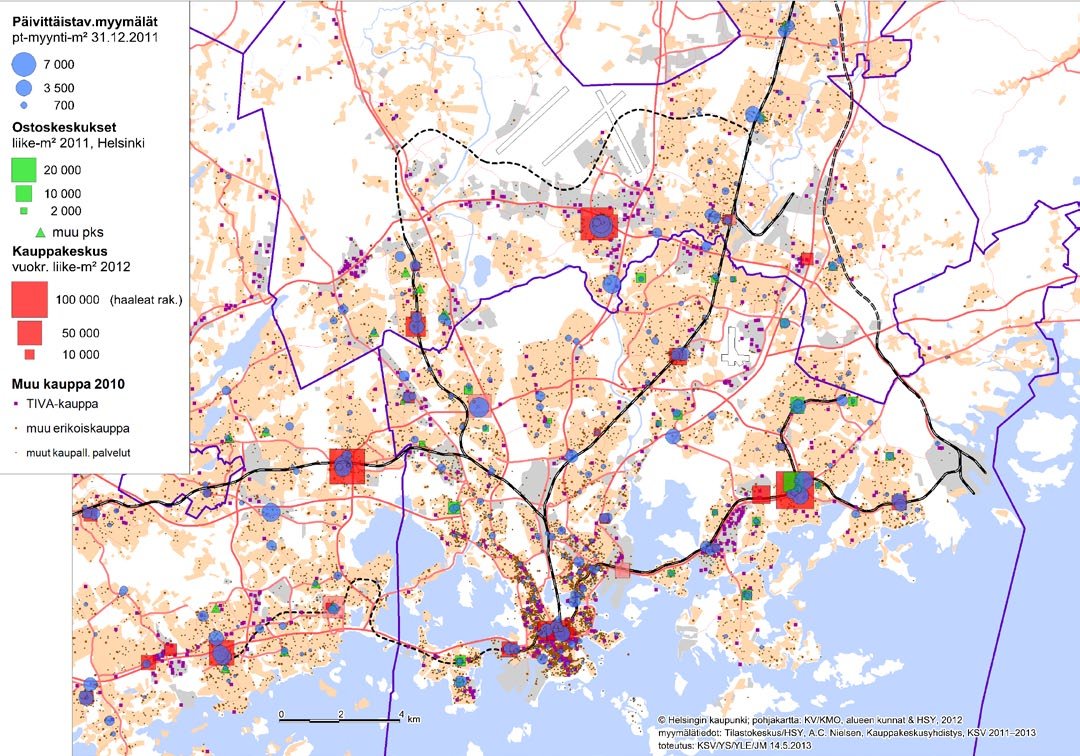 Yleiskaava Selvityksiä YOS 2013 22 Pääkaupunkiseudulla on 34 kauppakeskusta, joista Helsingissä on 17. Lisäksi rakenteilla on Kannelmäen, Kalasataman, Tikkurilan ja Tapiolan kauppakeskukset.