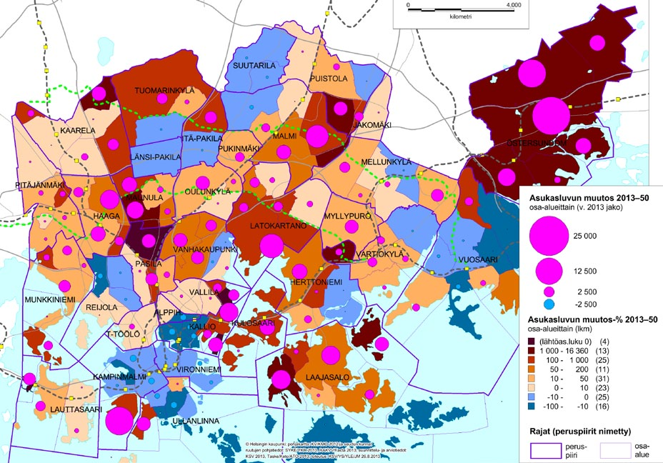 Yleiskaava Selvityksiä YOS 2013 44 Väestönkasvun arviot alueittain Väestönkasvun ja työpaikkojen painopisteitä ja sijoittumista Helsinkiin pitkällä aikavälillä on arvioitu kaavoituksessa olevien sekä