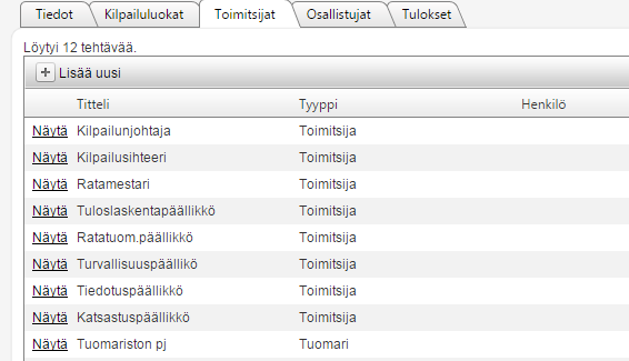 Kilpailun avaaminen ilmittautumisille KITIssä Timitsijat-välilehti Lisää timitsija kerrallaan painamalla jk Näytä -painiketta tai js listasta puuttuu esimerkiksi Tumari niin sen vi