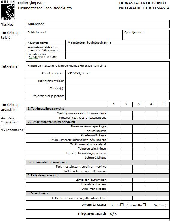 Pro gradun arvostelu Lomake ja lisätietoa arvostelusta (myös tämän