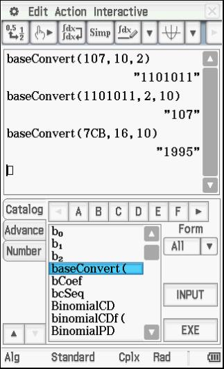 Osoita laskinta käyttäen, että heksadesimaaliluku 7CB16 on yhtä kuin 199510 Muunnamme desimaaliluvun 1995 heksadesimaalimuotoon. Valitse Dec. Syötä luku. Valitse Hex. Paina EXE.
