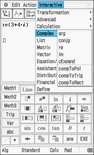 Interactive, Complex. Valitse im ja syötä luku. Imaginaariosa on 4.